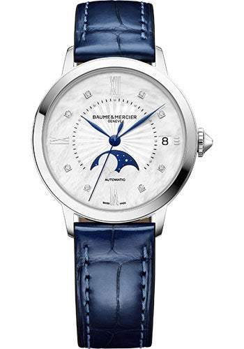 Baume & Mercier Classima Automatic Watch - Moon Phase - Diamond-Set - 34 mm Steel Case - Diamond Mother-Of-Pearl Dial - Shiny Blue Alligator Strap