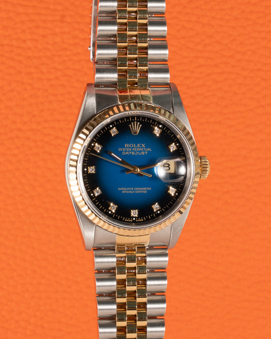 Rolex Datejust 36mm Two Tone Yellow w. Custom Blue Ombre Dial & diamond markers 1991 X serial Ref 16233