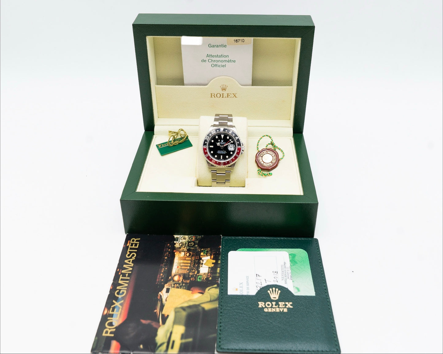 Rolex GMT-Master II 40mm 16710 Coke No Holes with lucky crown 2004 with RSC Card