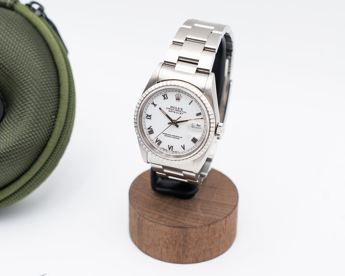 Rolex Datejust 36mm 16220 Engine Turned Bezel White Roman Dial S-Serial
