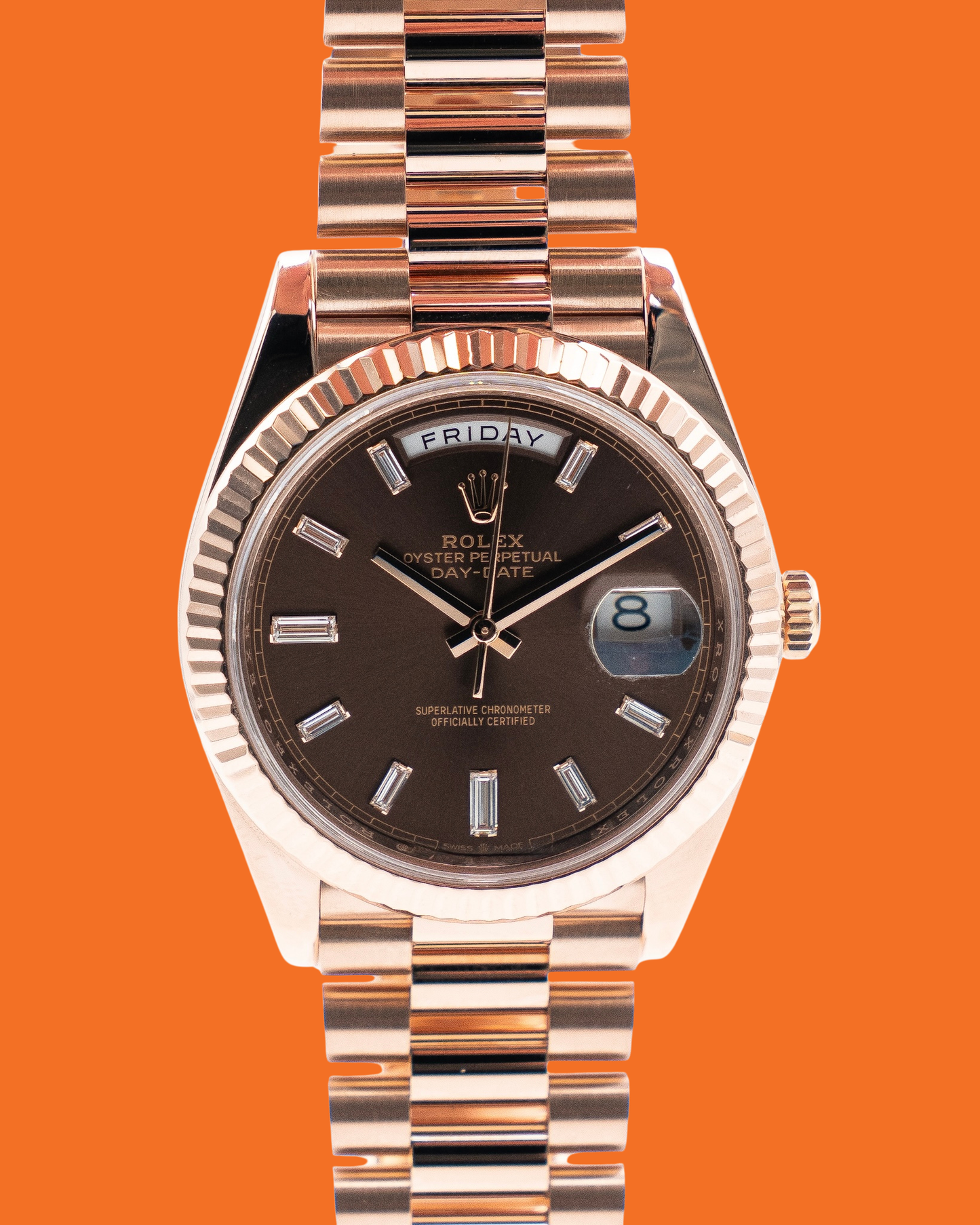 Rolex Day-Date 40mm 228235 Everose / Chocolate Diamond Baguette Dial 2021