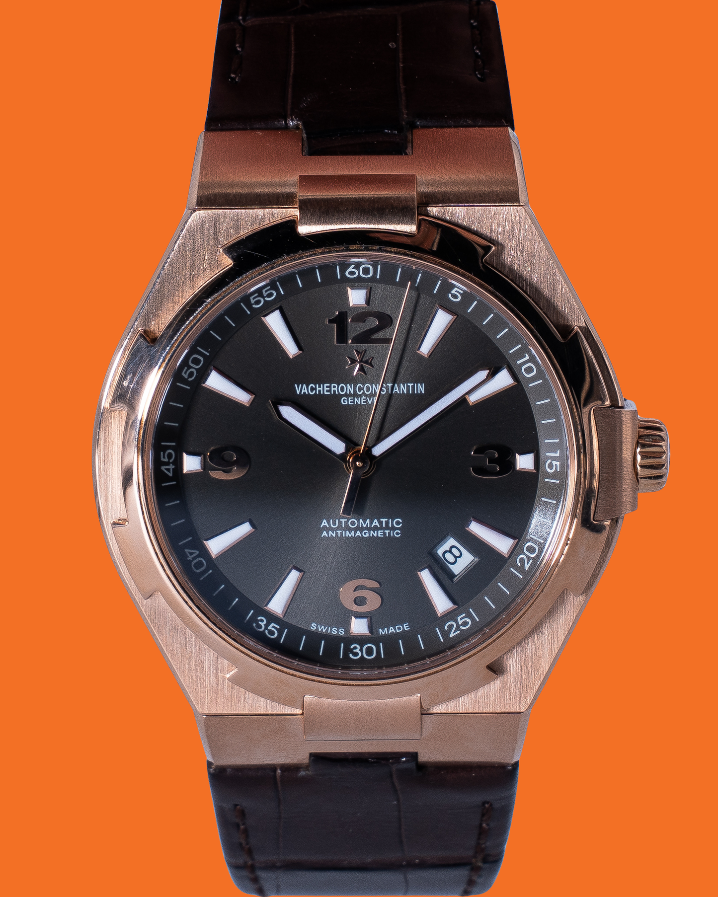 Vacheron Constantin Overseas Date Self-Winding 42mm 47040 Rose Gold Grey Dial Brown leather Strap