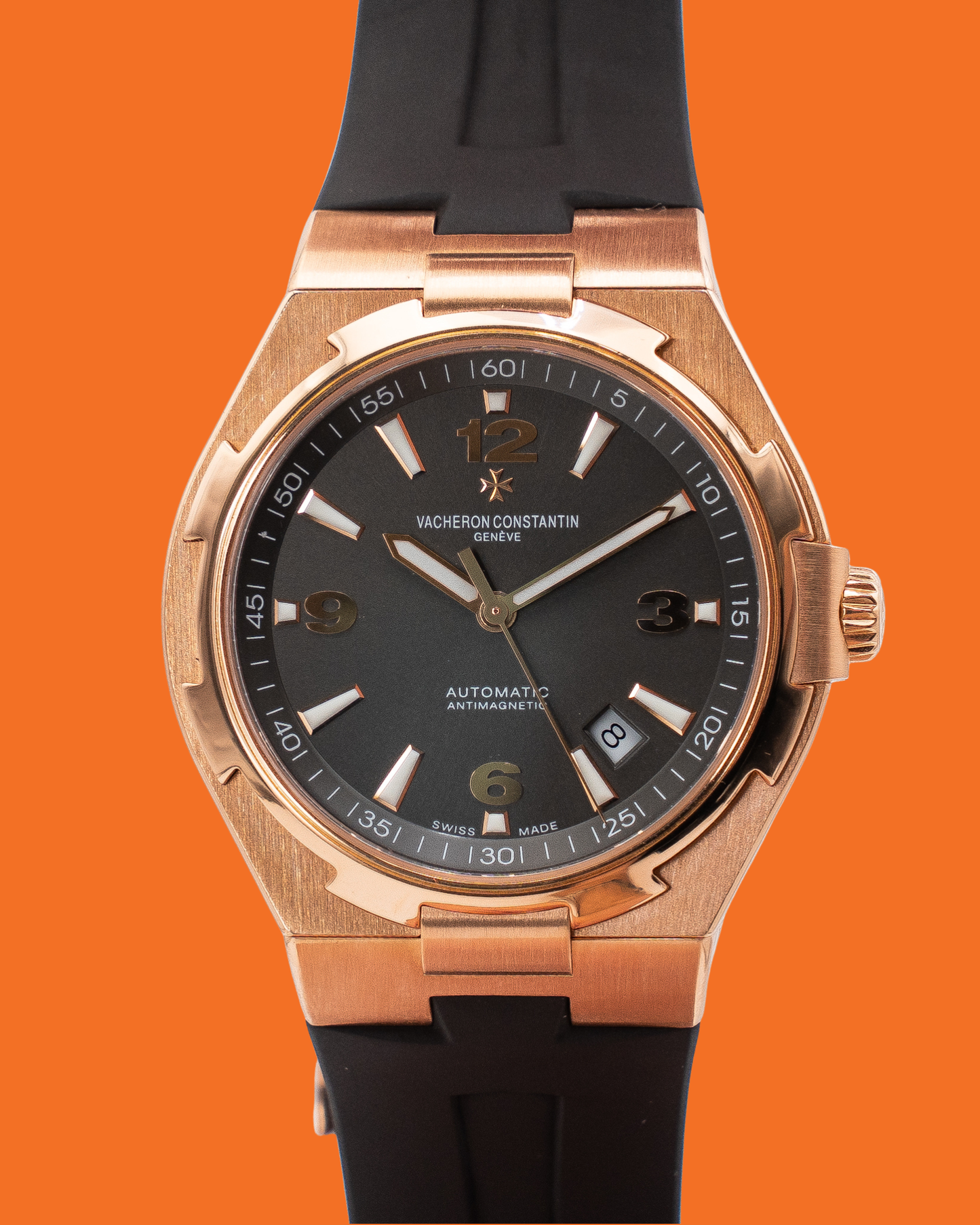 Vacheron Constantin Overseas Date Self-Winding 42mm 47040 Rose Gold Grey Dial Brown Rubber Strap 2017