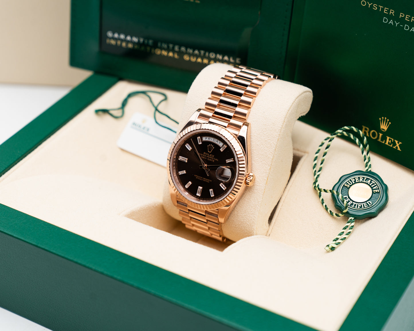 Rolex Day-Date 40mm 228235 Everose / Chocolate Diamond Baguette Dial 2021