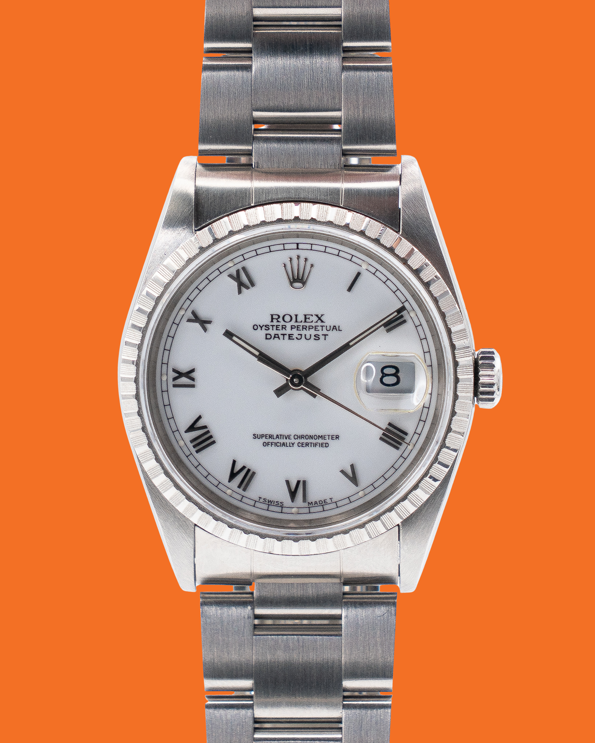 Rolex Datejust 36mm 16220 Engine Turned Bezel White Roman Dial S-Serial