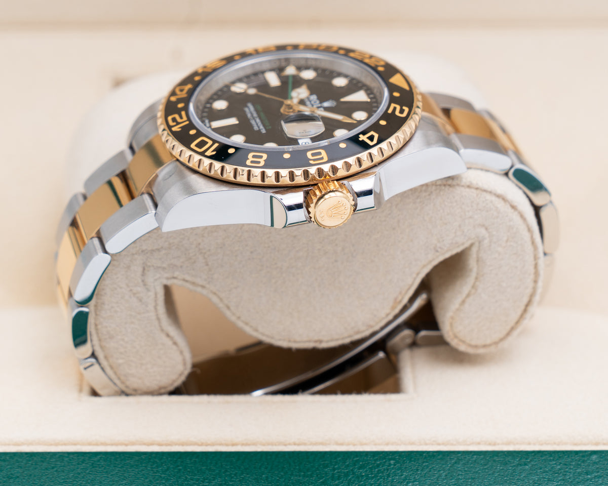 Rolex GMT Master II 40mm 116713LN Black Two Tone Yellow Gold Green Arrow