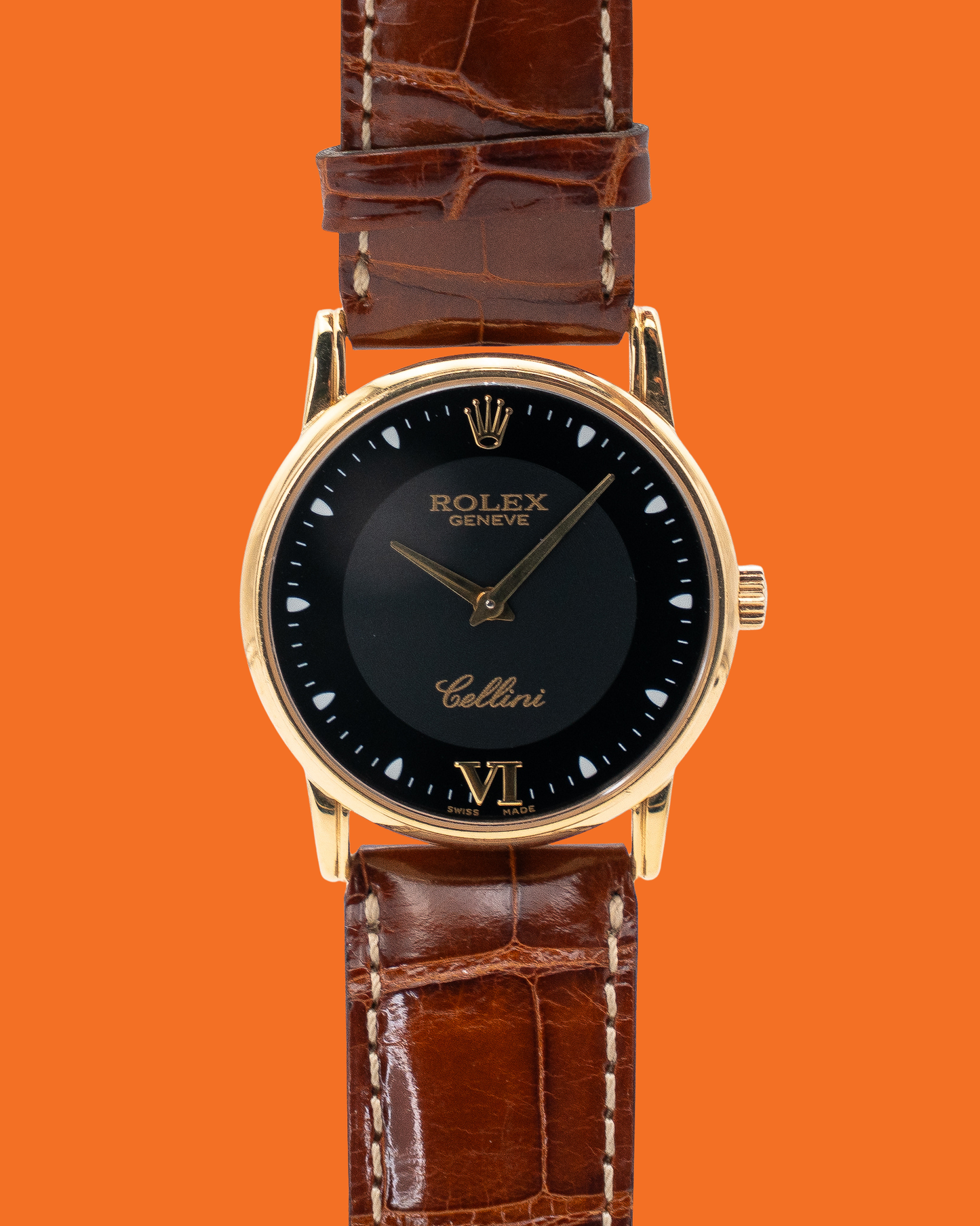 Rolex Cellini 33mm 5116 Yellow Gold Case Black Dial Brown Strap