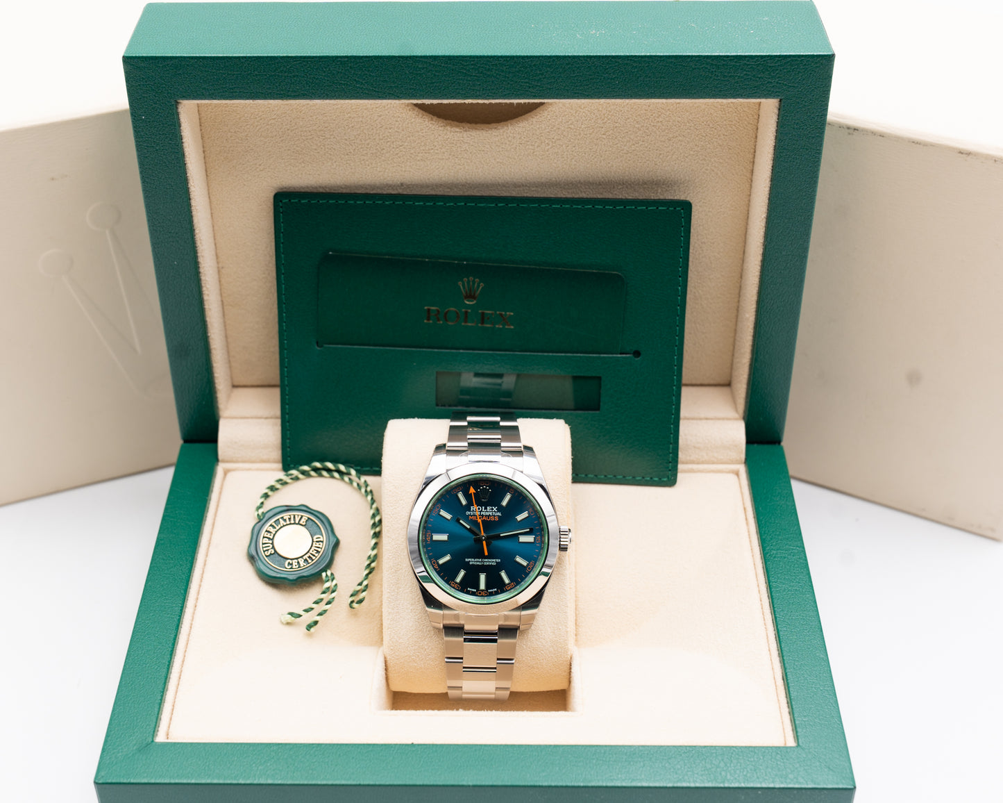 UNWORN STICKERED Rolex Milgauss 40mm 116400GV Green Crystal Blue Dial 2022