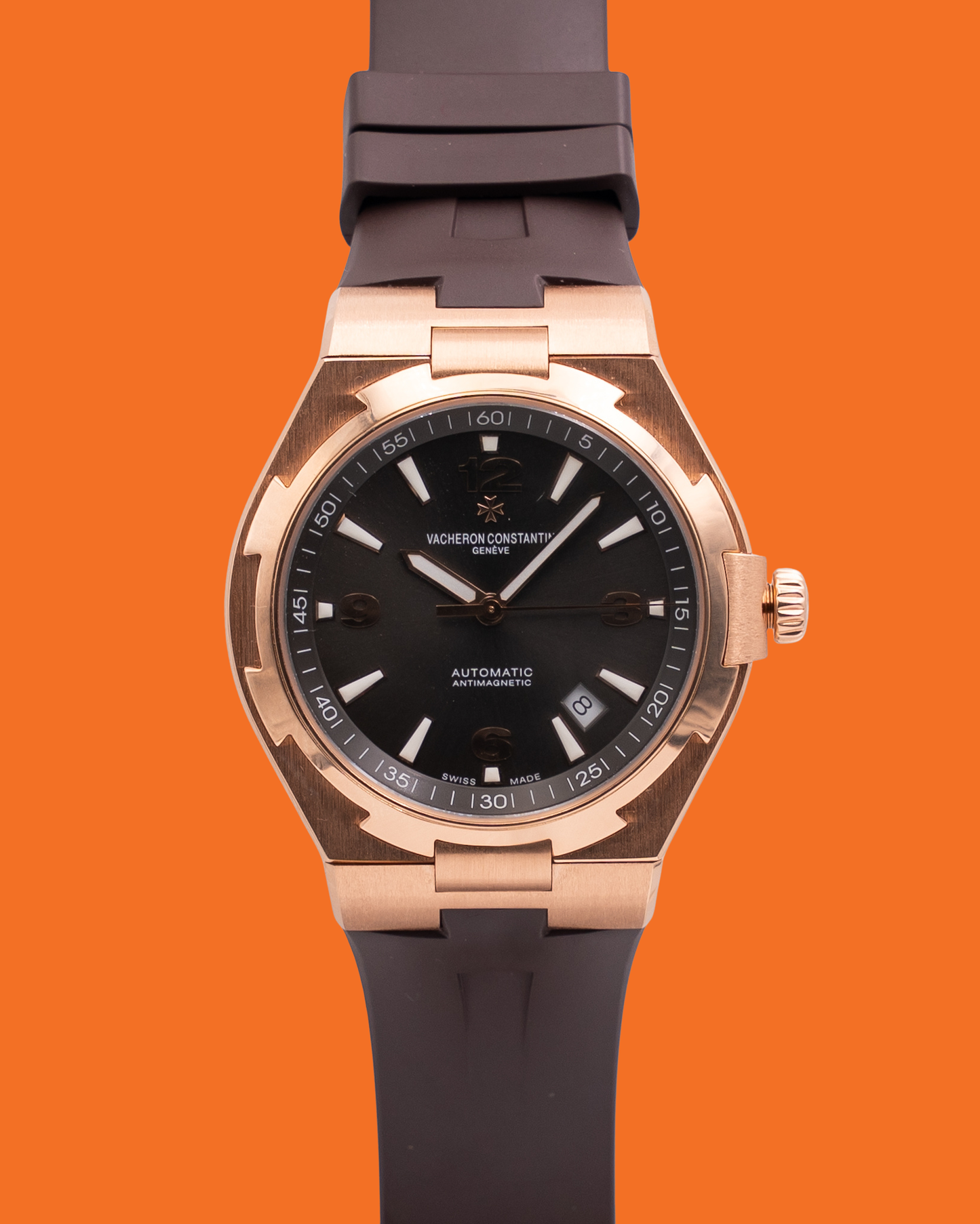 Vacheron Constantin Overseas Date Self-Winding 42mm 47040 Rose Gold Grey Dial Brown Rubber Strap 2015