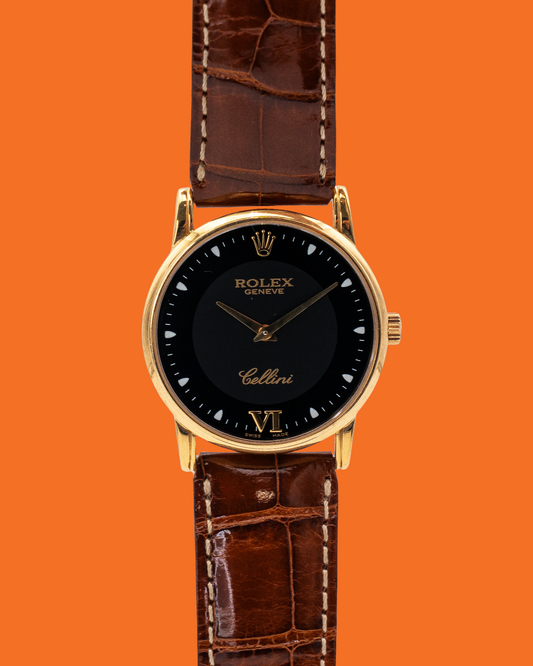 Rolex Cellini 33mm 5116 Yellow Gold Case Black Dial Brown Strap