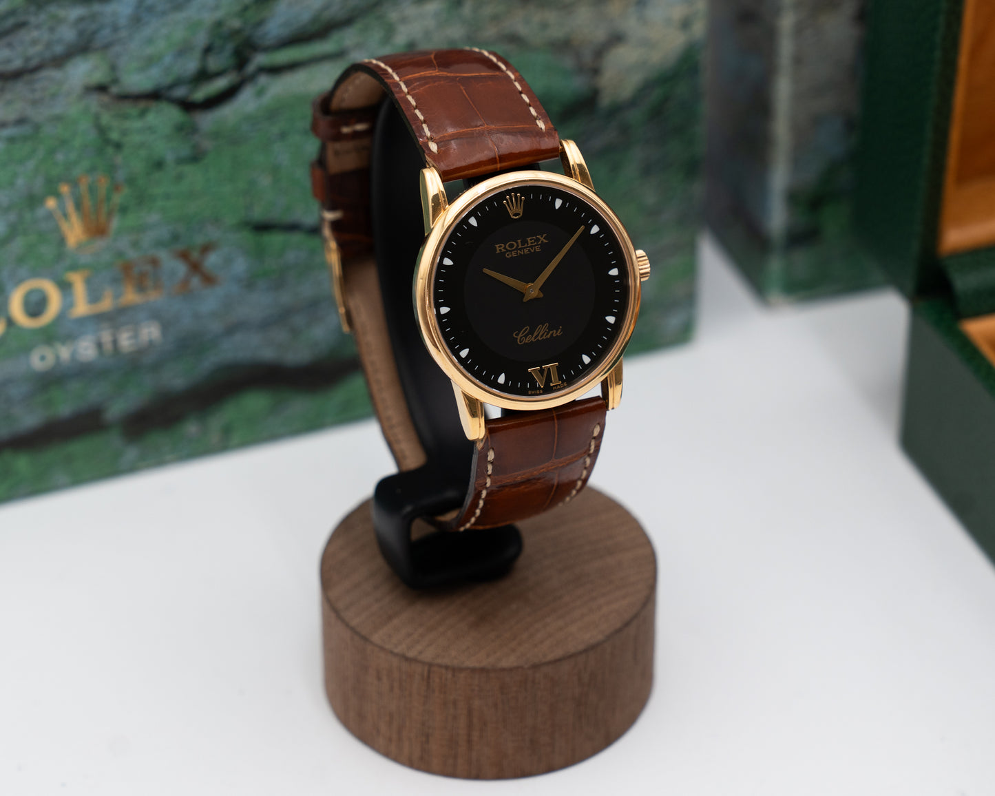 Rolex Cellini 33mm 5116 Yellow Gold Case Black Dial Brown Strap