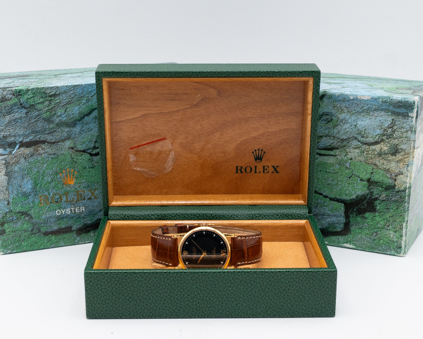Rolex Cellini 33mm 5116 Yellow Gold Case Black Dial Brown Strap