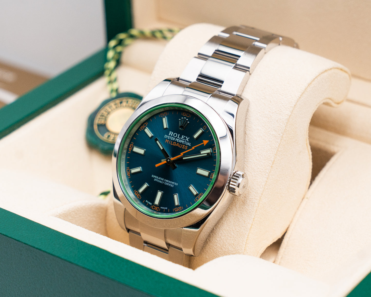 Rolex Milgauss 40mm 116400 Green Crystal Blue Dial 2015
