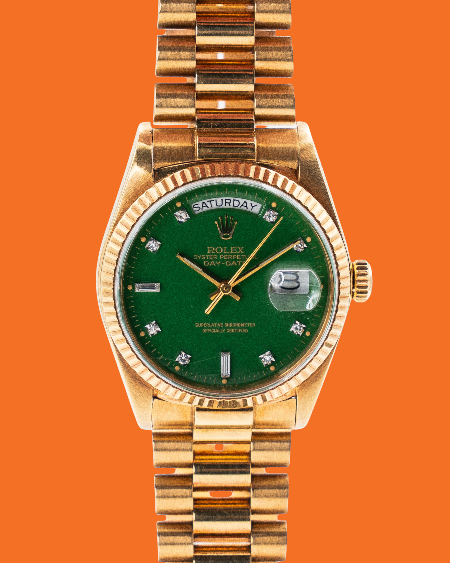 Rolex Day-Date 36mm 18038 Yellow Gold Green Stella Light Spider Web Cracks on Dial Diamonds 1988