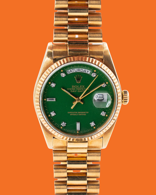 Rolex Day-Date 36mm 18038 Yellow Gold Green Stella Light Spider Web Cracks on Dial Diamonds 1988