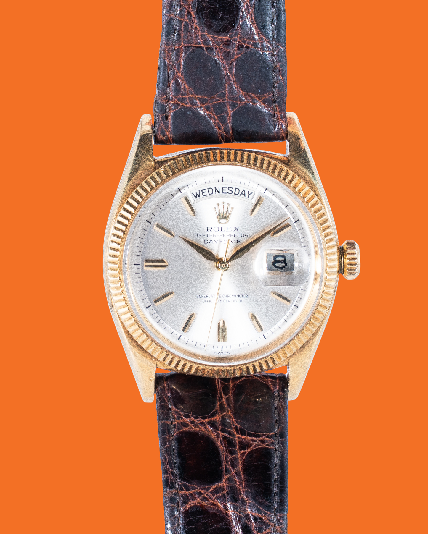 Rolex Day-Date 36mm 6611 Yellow Gold Case Silver Dial Leather Strap