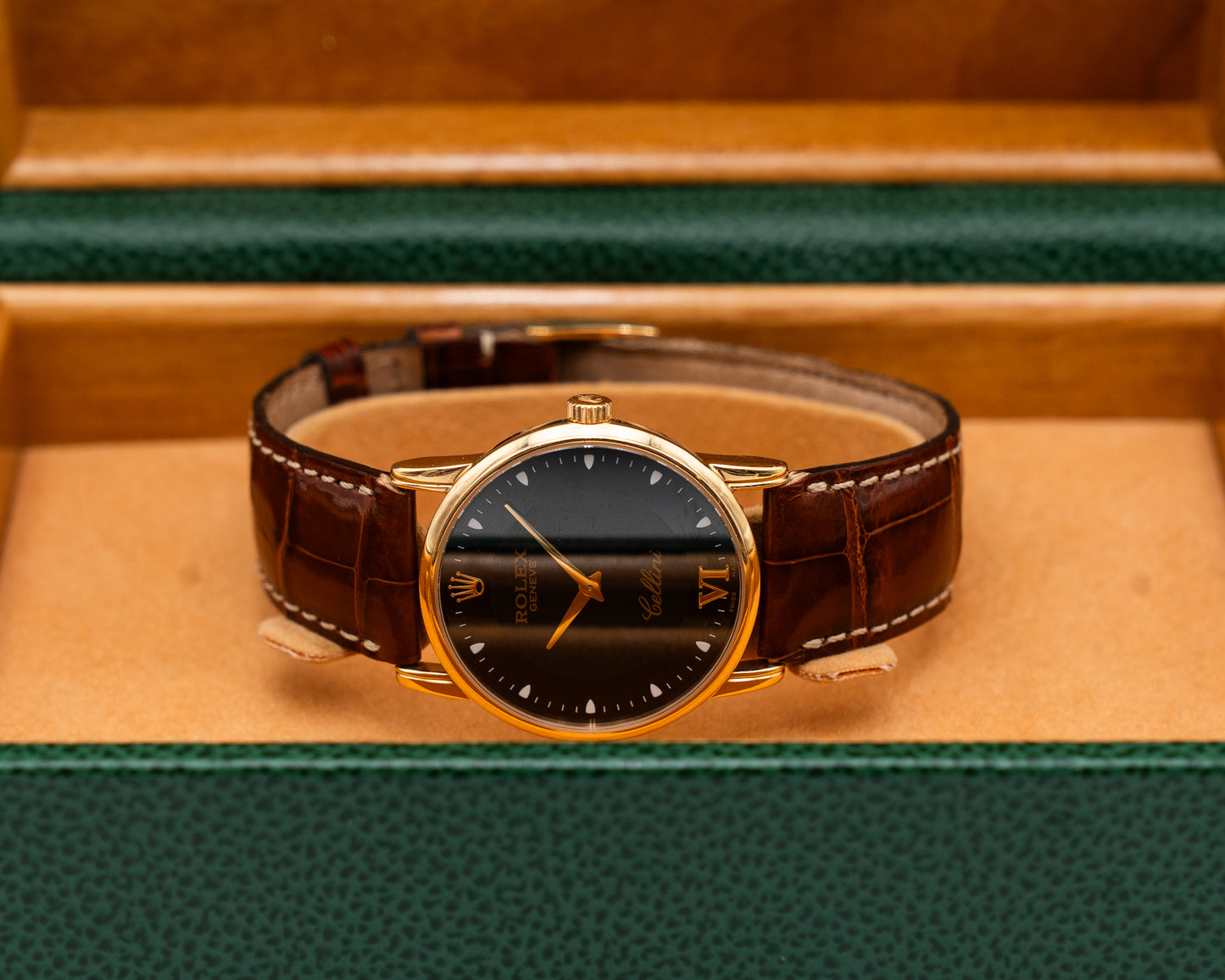 Rolex Cellini 33mm 5116 Yellow Gold Case Black Dial Brown Strap