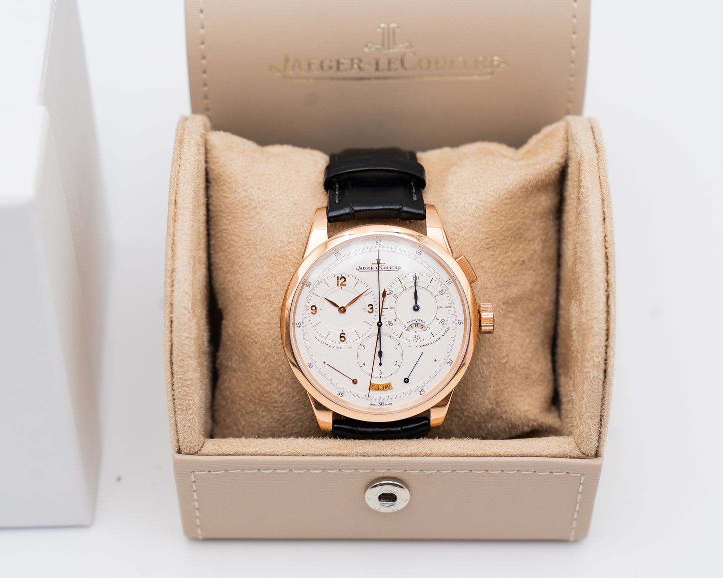 Jaeger leCoultre Duometre Chronographe 42mm Rose Gold White Dial 2025 Service Papers