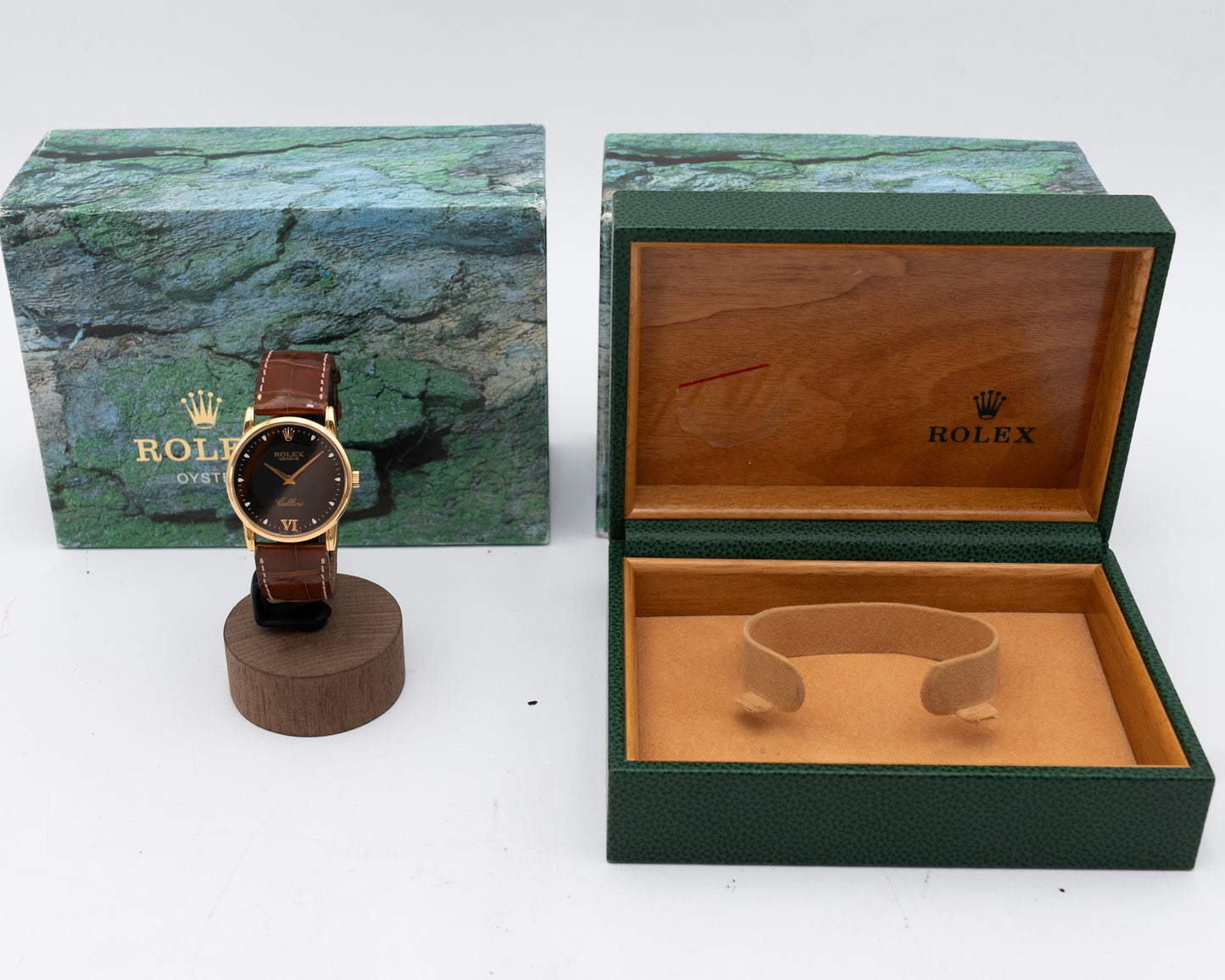 Rolex Cellini 33mm 5116 Yellow Gold Case Black Dial Brown Strap