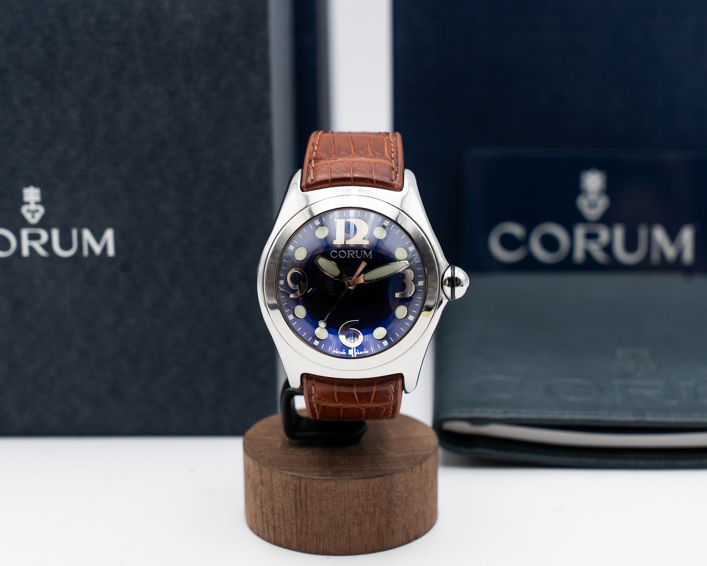 Corum Bubble 45mm 163.150.20 Blue Dial Brown strap