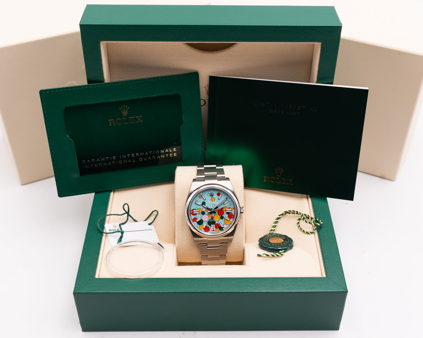 Unworn Stickers Rolex Oyster Perpetual  41mm 124300 Turquoise Blue Celebration Dial 2024