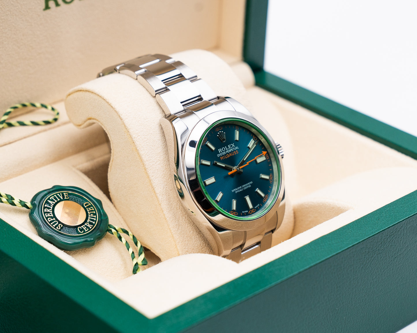 Rolex Milgauss 40mm 116400 Green Crystal Blue Dial 2015