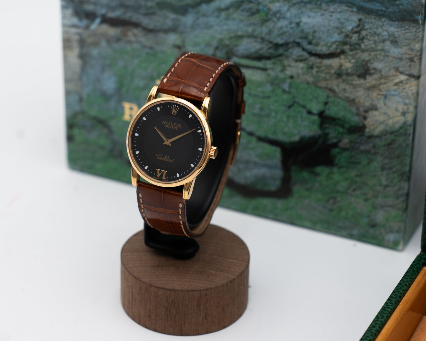 Rolex Cellini 33mm 5116 Yellow Gold Case Black Dial Brown Strap