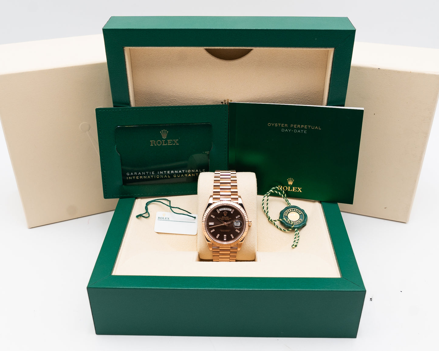 Rolex Day-Date 40mm 228235 Everose / Chocolate Diamond Baguette Dial 2021