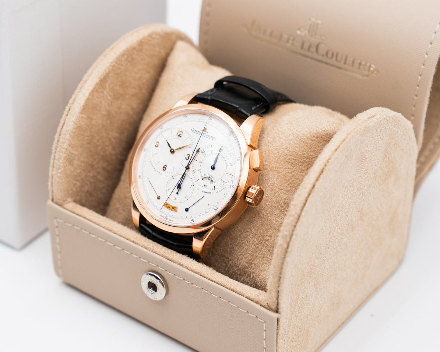 Jaeger leCoultre Duometre Chronographe 42mm Rose Gold White Dial 2025 Service Papers