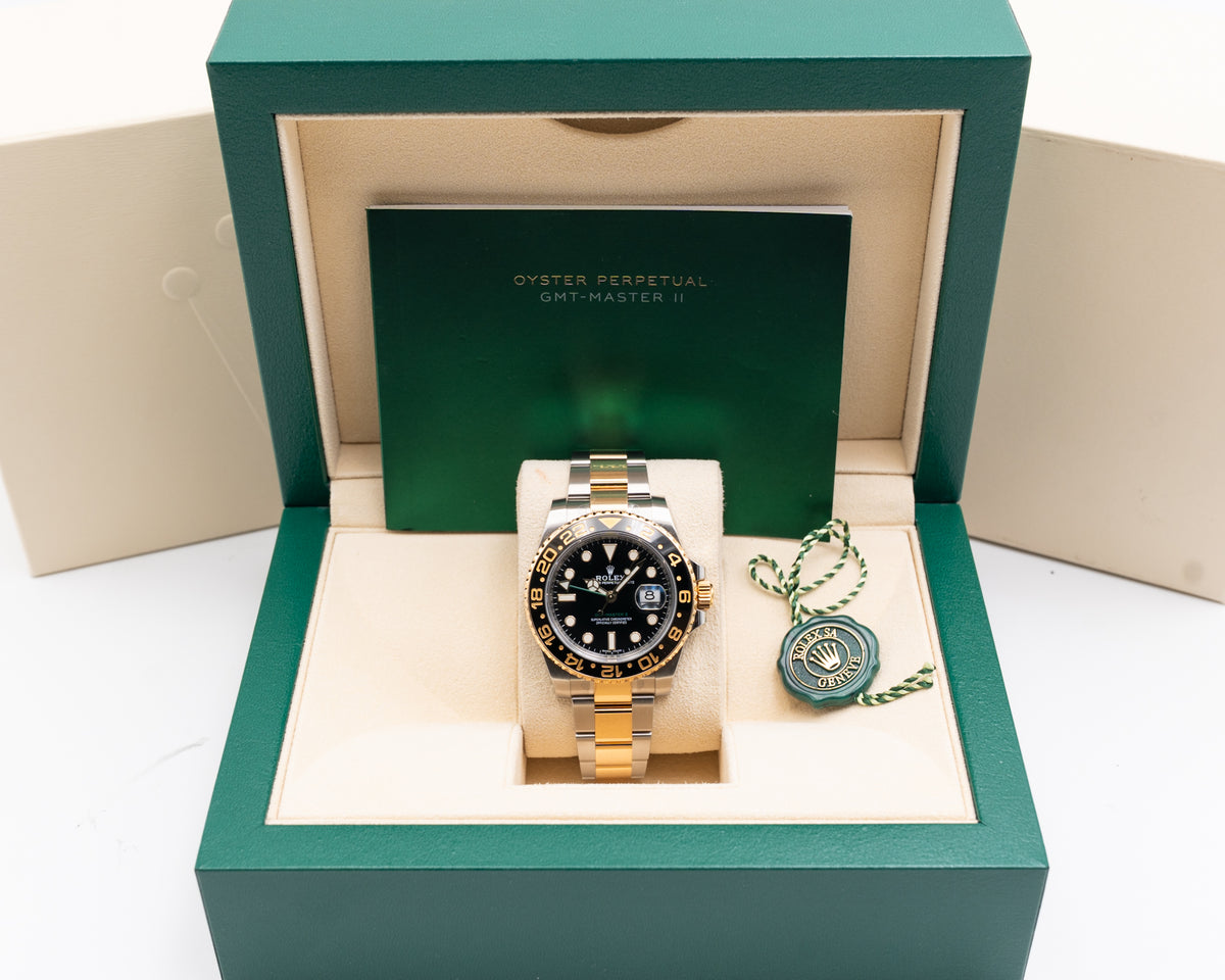 Rolex GMT Master II 40mm 116713LN Black Two Tone Yellow Gold Green Arrow
