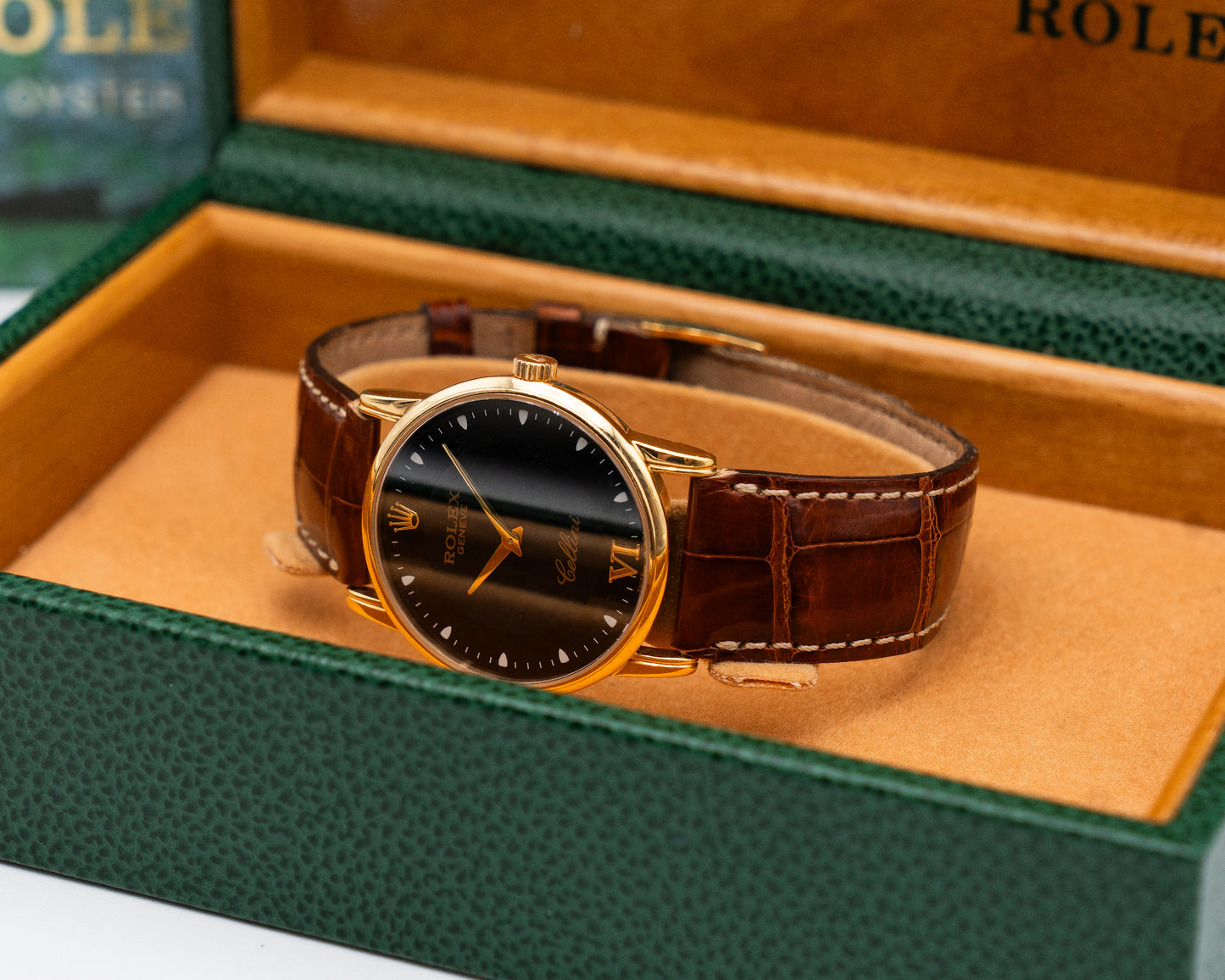 Rolex Cellini 33mm 5116 Yellow Gold Case Black Dial Brown Strap