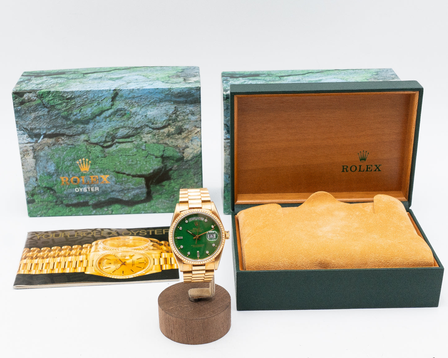 Rolex Day-Date 36mm 18038 Yellow Gold Green Stella Light Spider Web Cracks on Dial Diamonds 1988