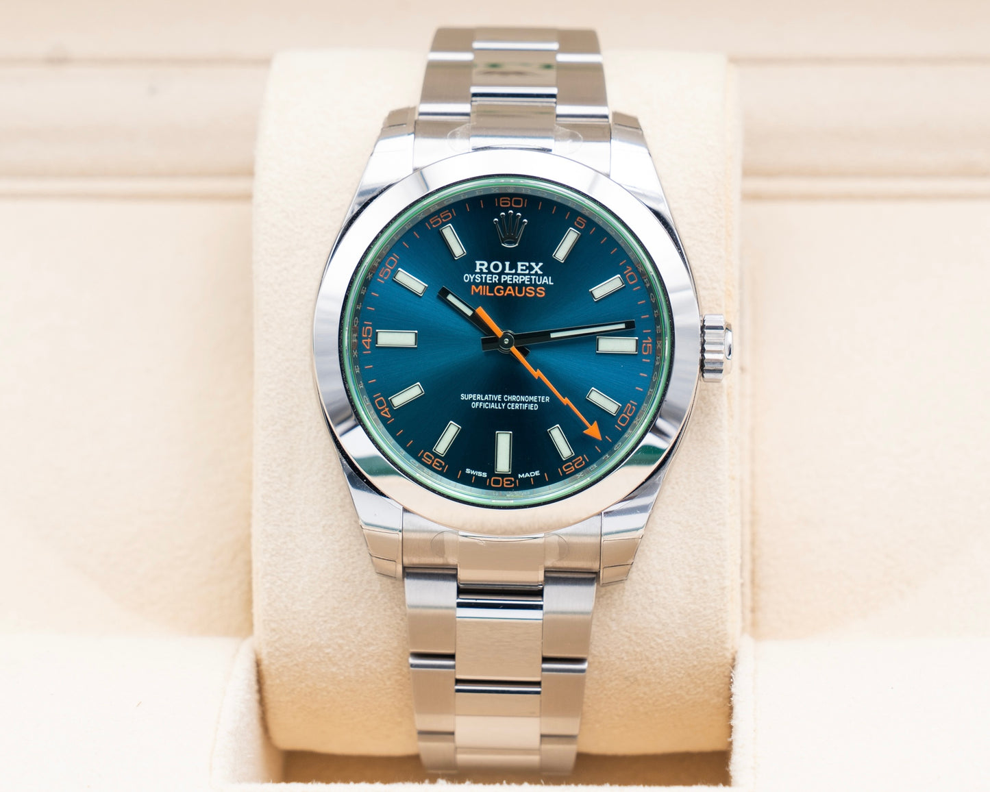 UNWORN STICKERED Rolex Milgauss 40mm 116400GV Green Crystal Blue Dial 2022