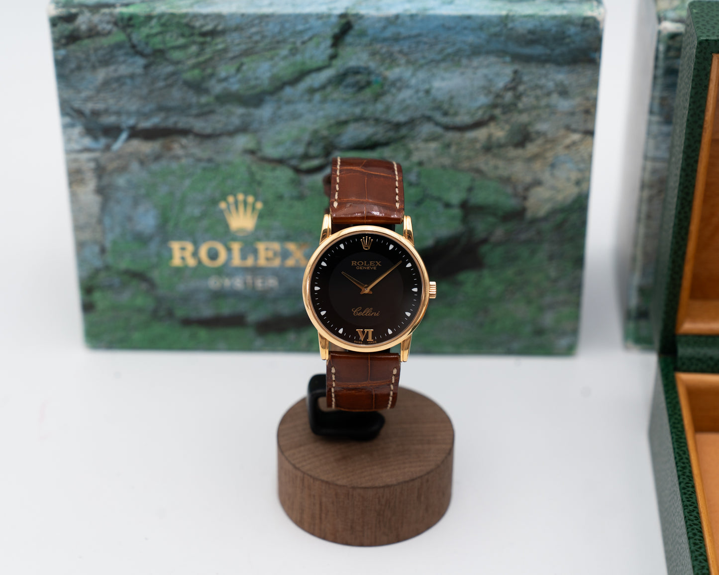 Rolex Cellini 33mm 5116 Yellow Gold Case Black Dial Brown Strap