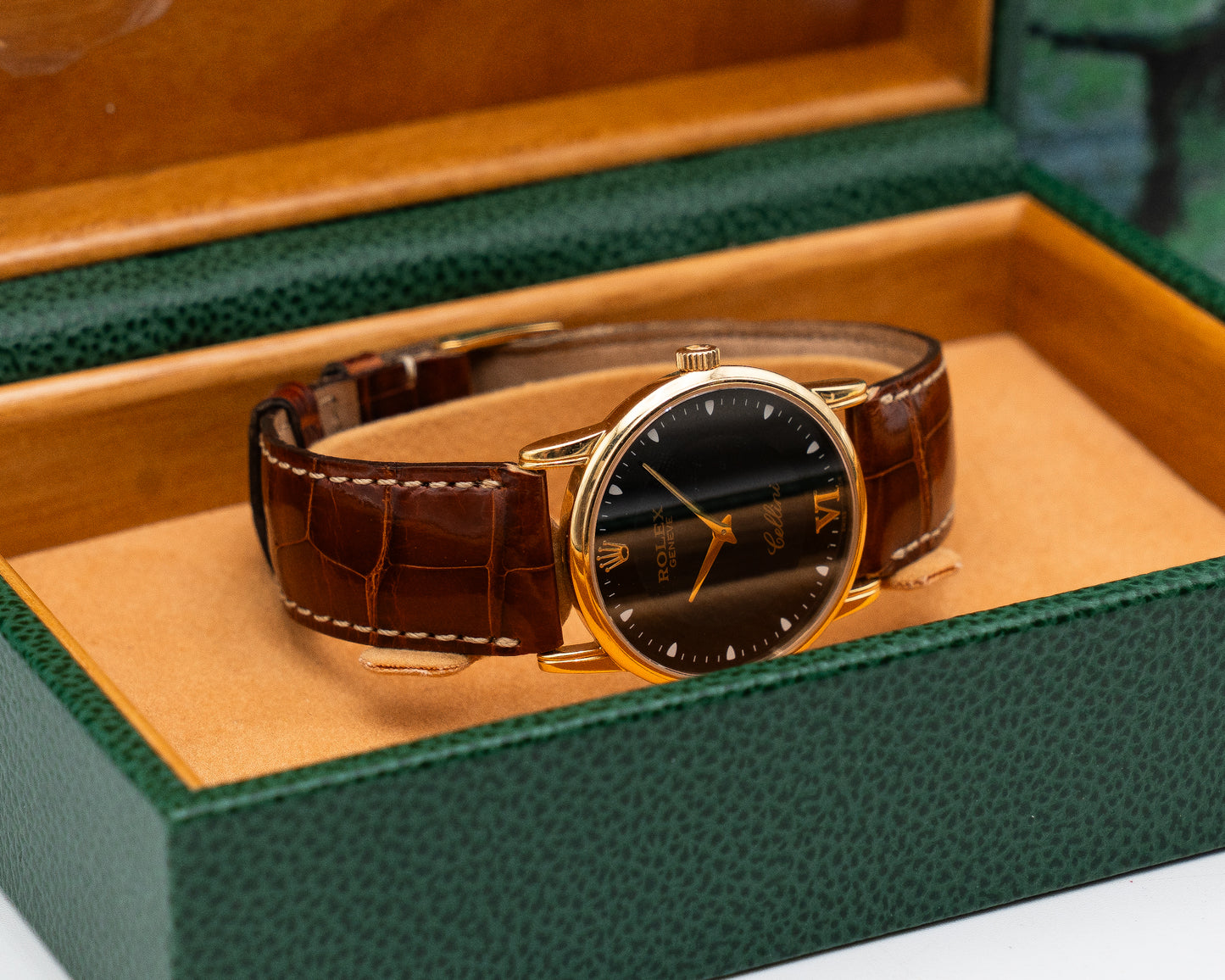 Rolex Cellini 33mm 5116 Yellow Gold Case Black Dial Brown Strap