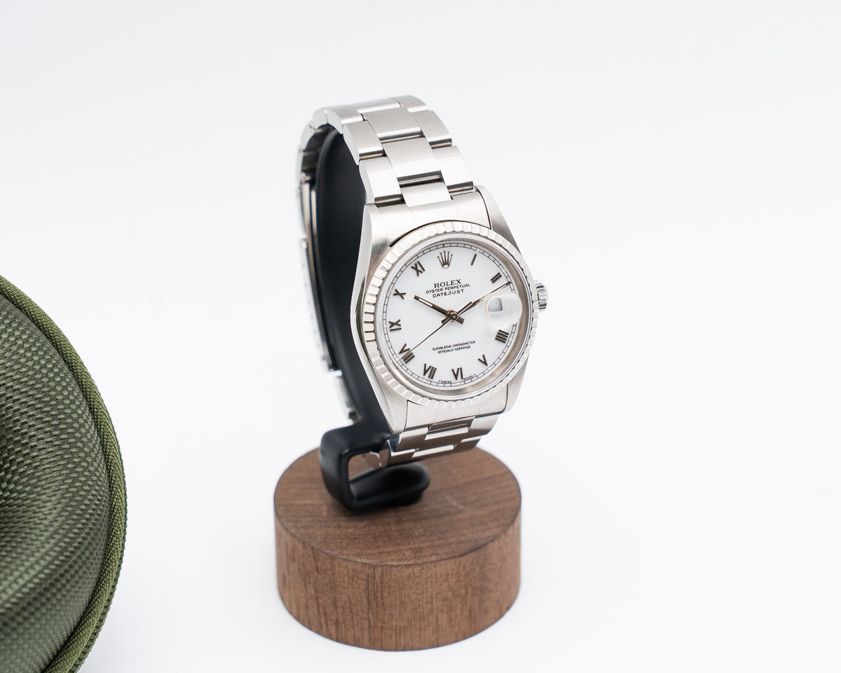 Rolex Datejust 36mm 16220 Engine Turned Bezel White Roman Dial S-Serial