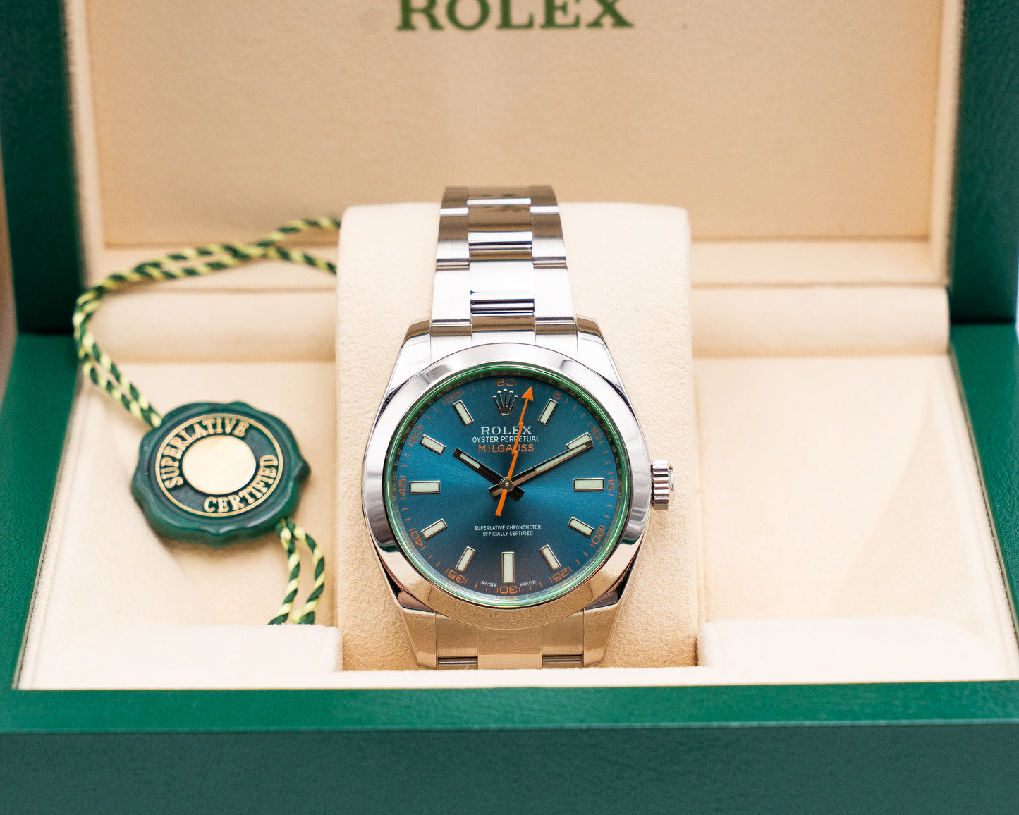 Rolex Milgauss 40mm 116400 Green Crystal Blue Dial 2015