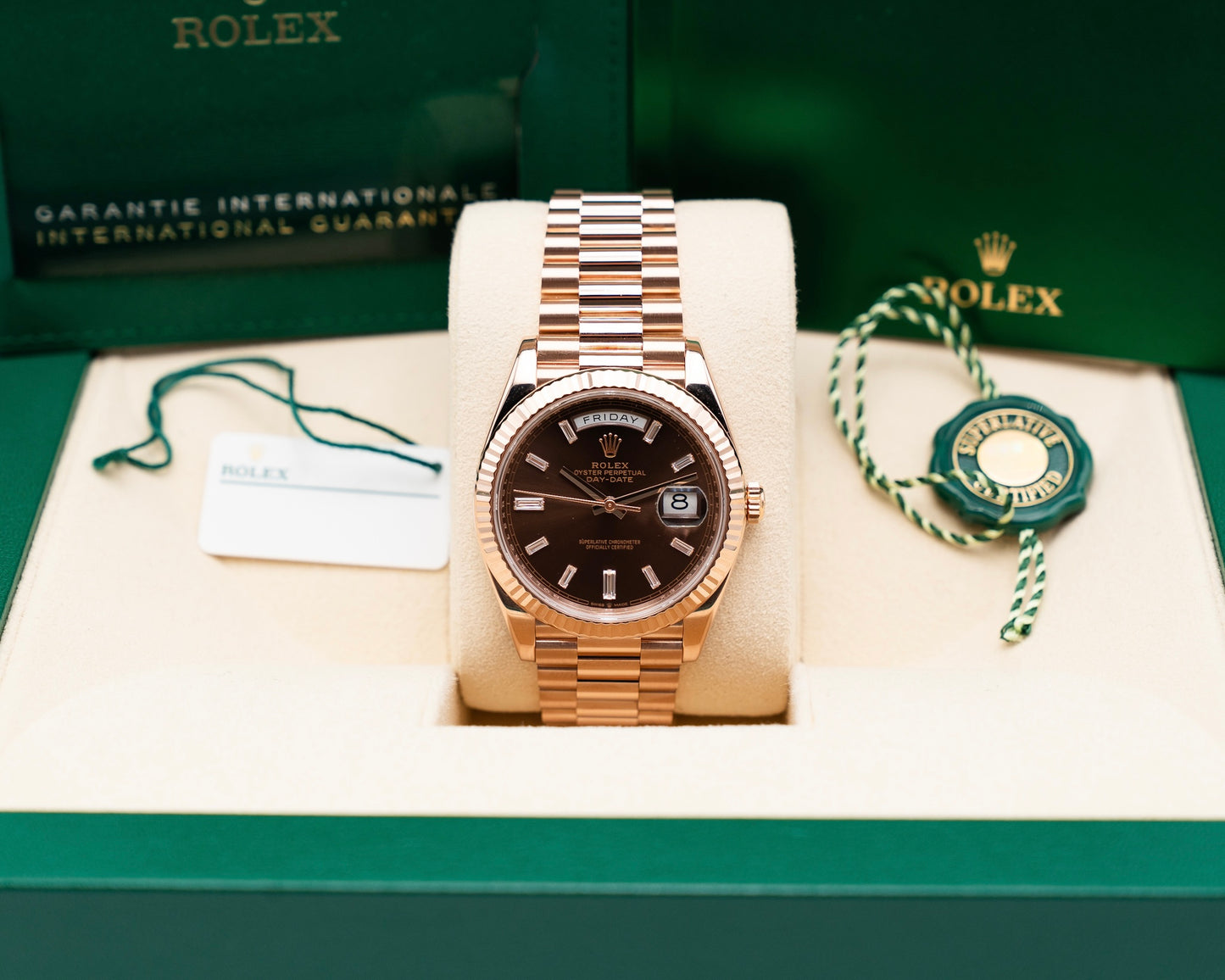 Rolex Day-Date 40mm 228235 Everose / Chocolate Diamond Baguette Dial 2021