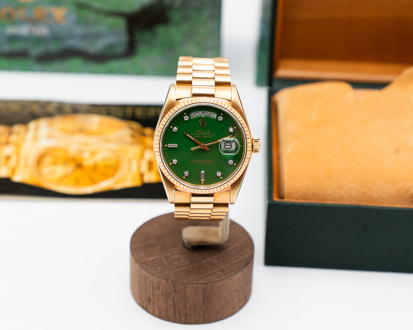 Rolex Day-Date 36mm 18038 Yellow Gold Green Stella Light Spider Web Cracks on Dial Diamonds 1988