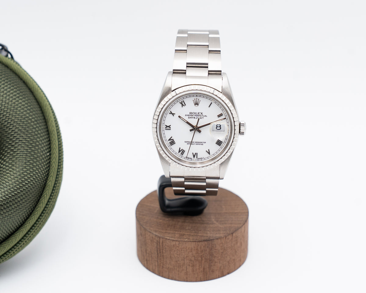 Rolex Datejust 36mm 16220 Engine Turned Bezel White Roman Dial S-Serial