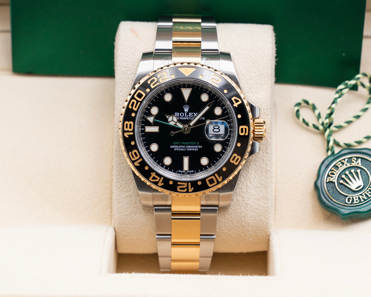 Rolex GMT Master II 40mm 116713LN Black Two Tone Yellow Gold Green Arrow