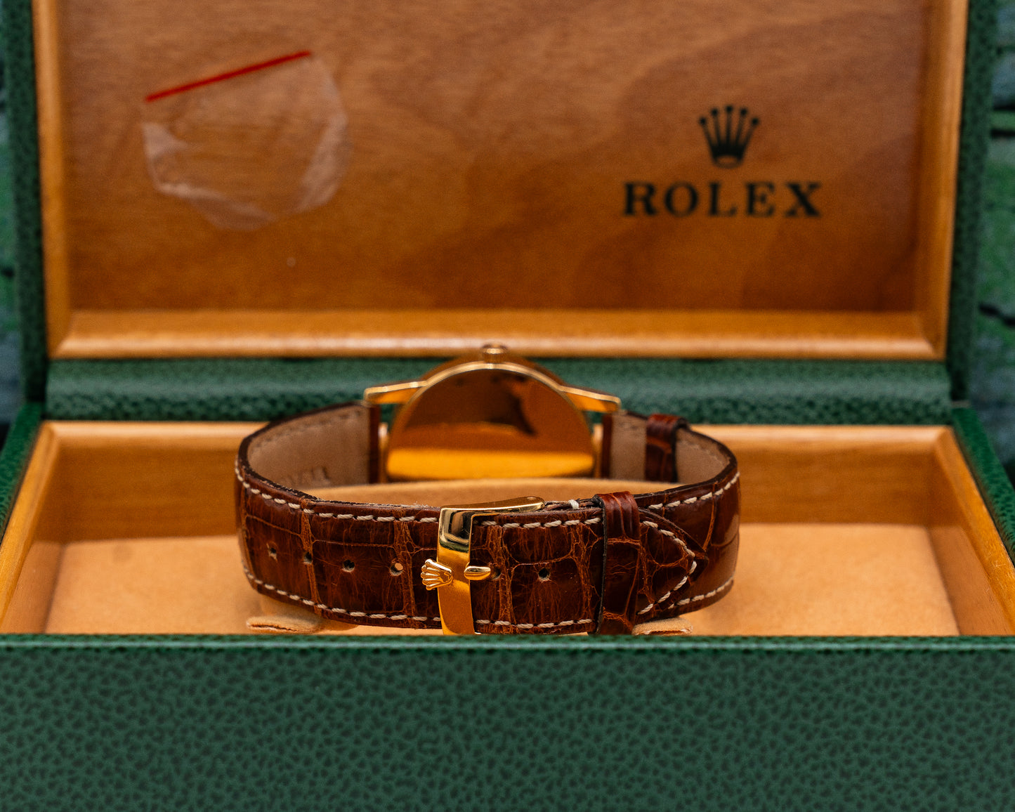 Rolex Cellini 33mm 5116 Yellow Gold Case Black Dial Brown Strap