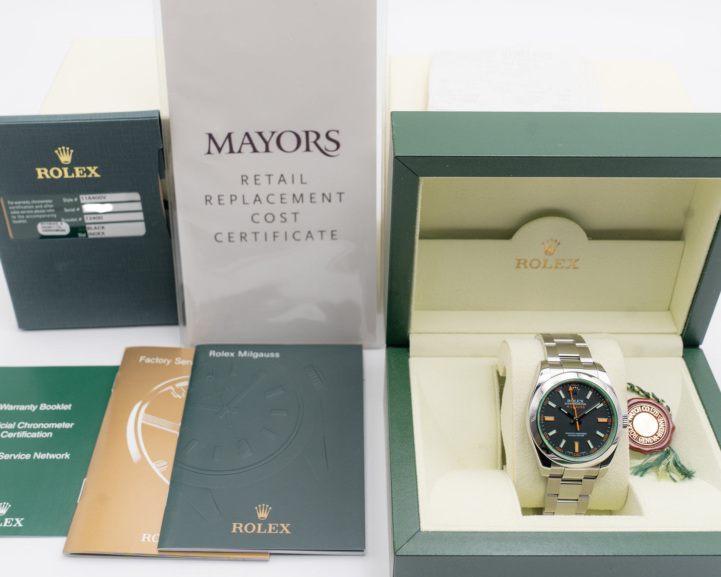 Rolex Milgauss 40mm 116400 Green Crystal Black Dial 2008